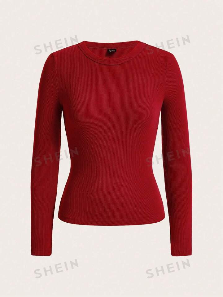 SHEIN BASICS Solid Ribbed Knit Tee | SHEIN