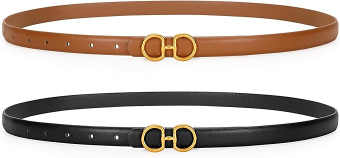CESCOSI Women Skinny Leather Belts Ladies 2 Pack Thin Waist Belts with Gold Buckle for Dresses 0.... | Amazon (US)