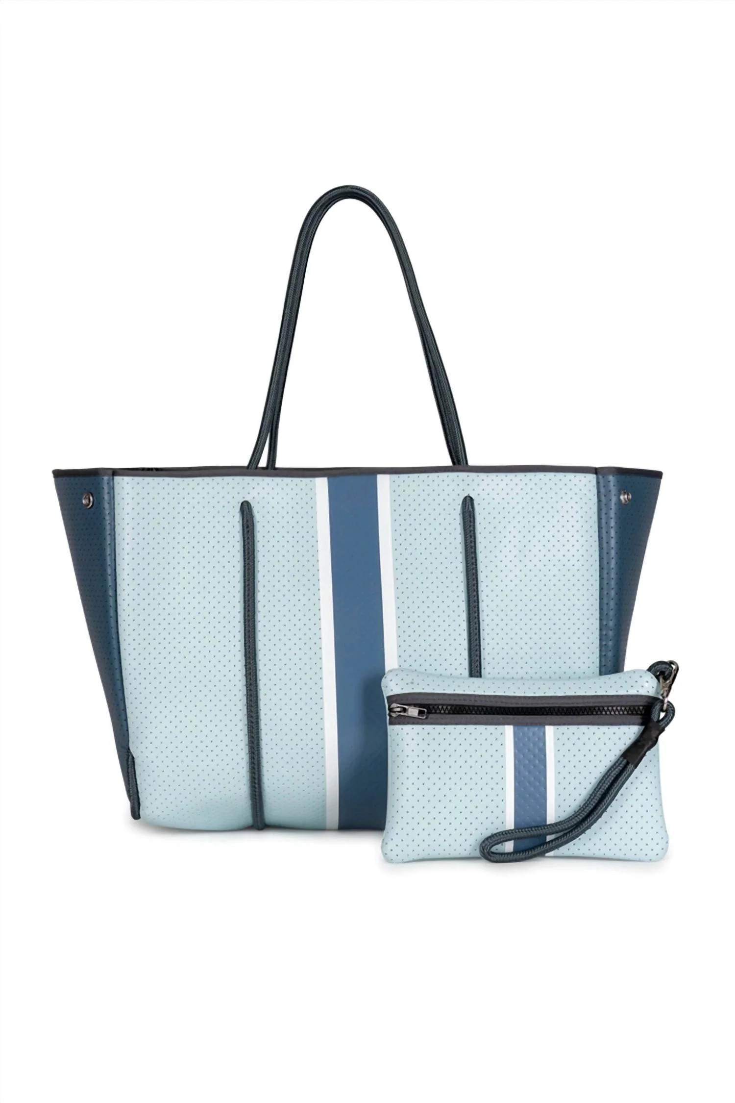 Women's Greyson Azure Tote Bag In White & Steel Blue | Shop Simon