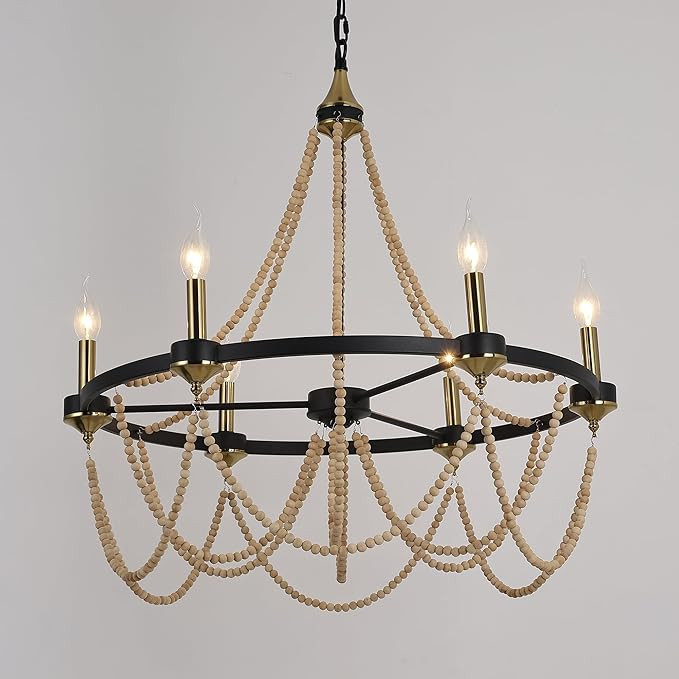 COCOSTAR Black Beaded Chandelier Boho Ceiling Light Fixture, Candle Wagon Wheel Chandeliers with ... | Amazon (US)
