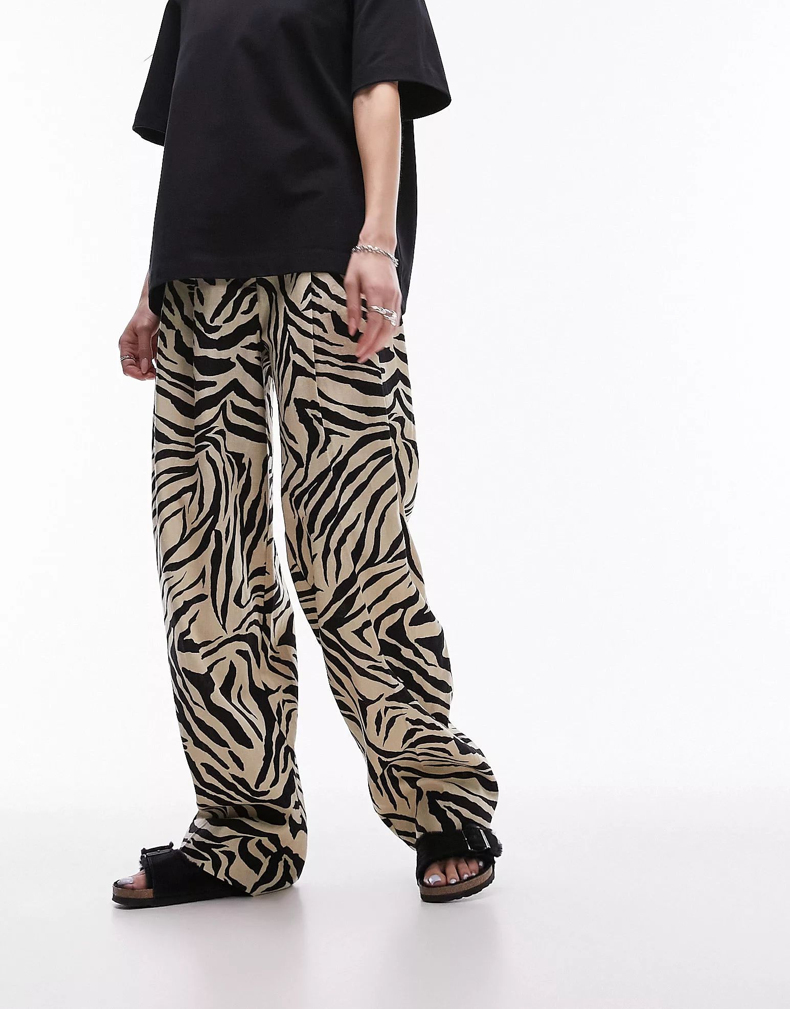 Topshop zebra printed wide leg linen trouser in monochrome | ASOS | ASOS (Global)