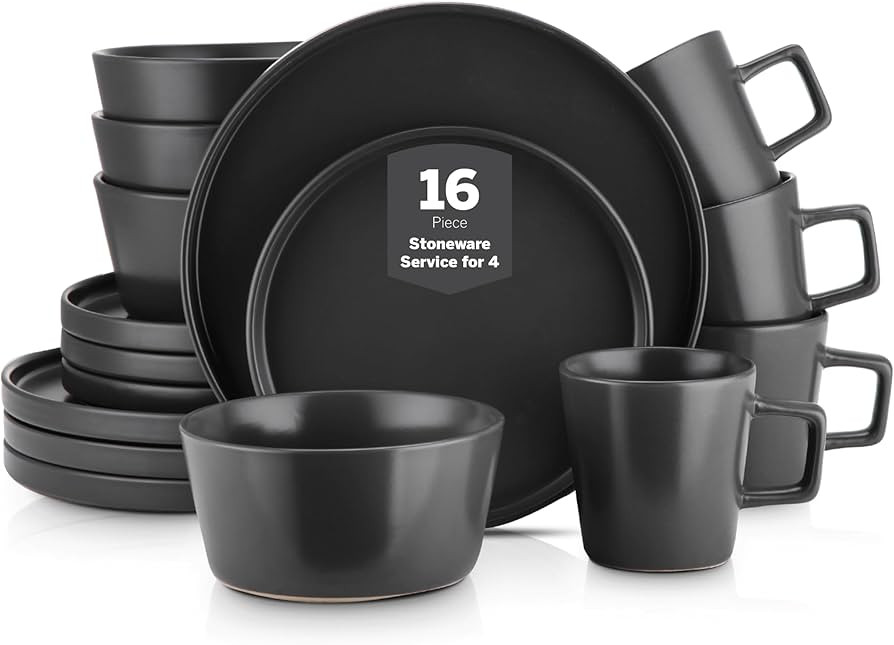 Stone Lain Celina Stoneware 16 Piece Dinnerware Set, Plates and Bowls, Black Matte Dish, Service ... | Amazon (US)