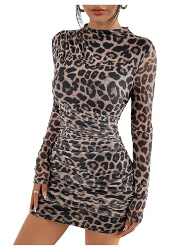 WDIRARA Women's Leopard Print Ruched Bodycon Mini Dress Mock Neck Long Sleeve Dresses Multicolor Medium | Amazon (US)
