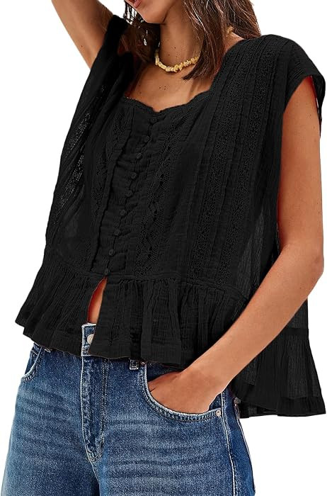 Lace Boho Tie Front Tops for Women Ruffle Trim Flowy Eyelet Babydoll Shirts | Amazon (US)