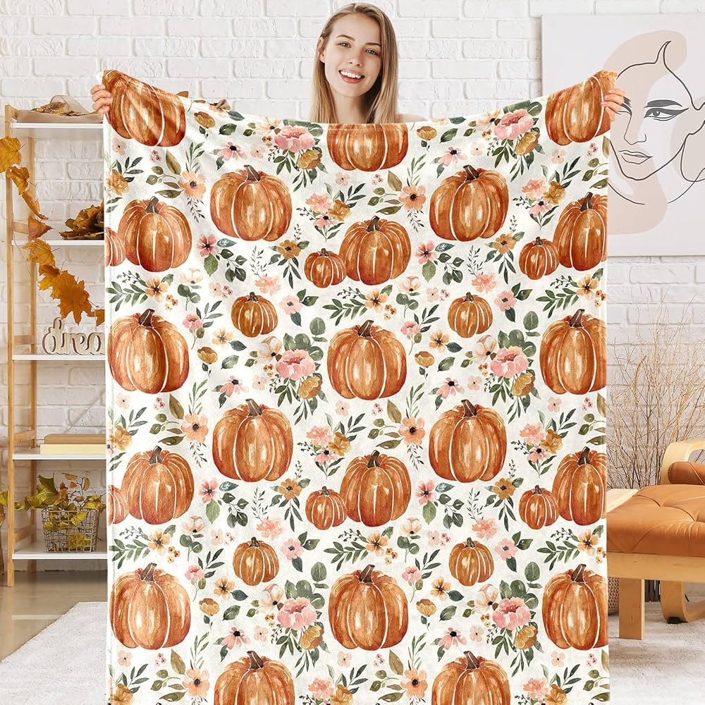 Floral Pumpkin Fuzzy Flannel Blanket 60 x 50 Inch Fall Throw Blanket Watercolor Autumn Flower Bla... | Amazon (US)
