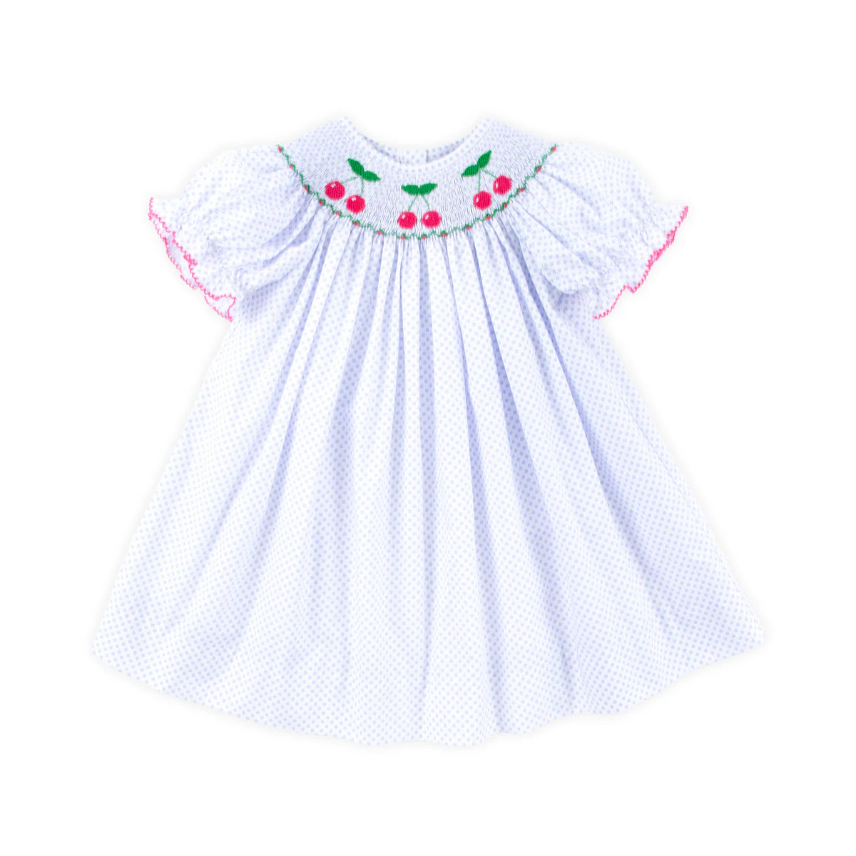 White And Blue Smocked Cherry Bishop Dress | Classic Whimsy
