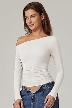 QINSEN Women's Sexy Off Shoulder Shirt Long Sleeve Double Lined Tops Side Ruched Fitted Tees | Amazon (US)
