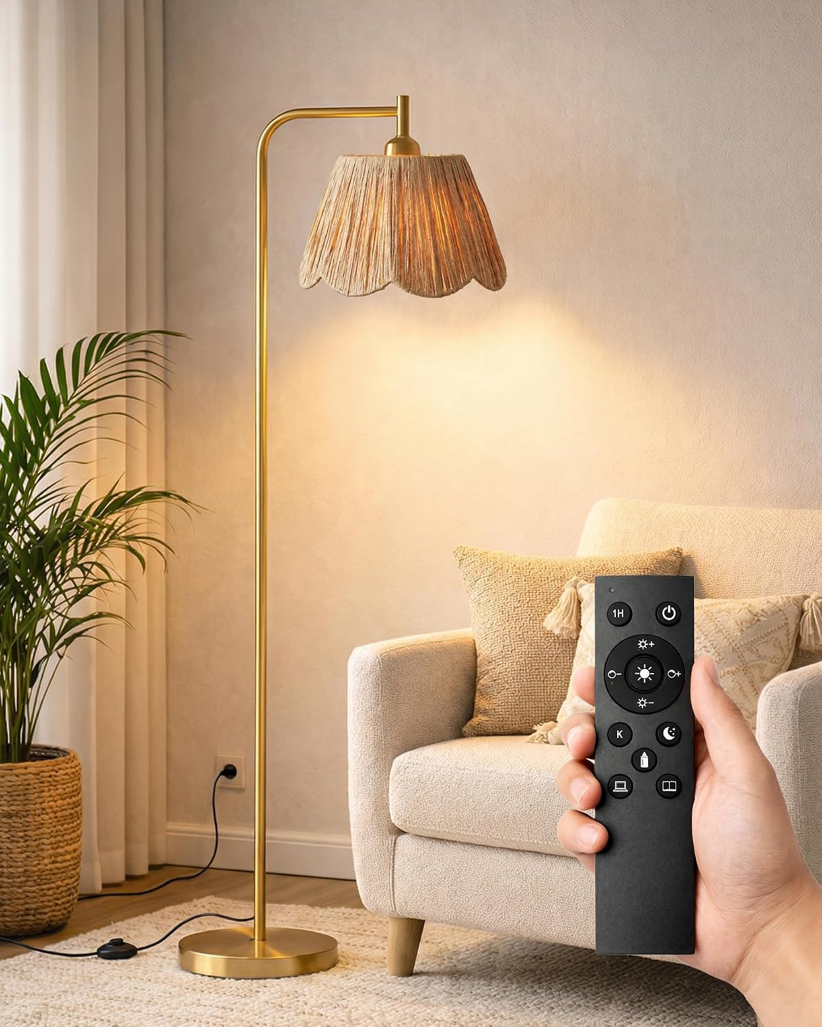 Boho Brushed Gold Floor Lamp with Remote, Flower-Inspired Shade | Amazon (US)