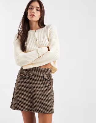 New Look brushed check A-line mini skirt in brown | ASOS (Global)