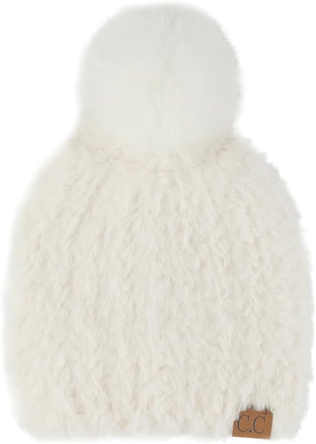 C.C Faux Fur Pom Beanie for Women - Stretchable Soft Warm Knit Winter Skully Hat with Faux Fur Po... | Amazon (US)