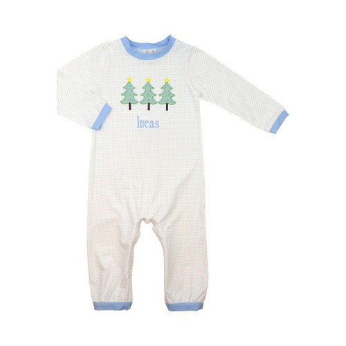 Blue Dot Knit Christmas Tree Long Romper | Cecil and Lou