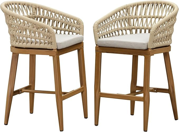 PURPLE LEAF Outdoor Rattan 24" Counter Height Bar Stools Chair Set of 2, Modern Upholstered Patio... | Amazon (US)