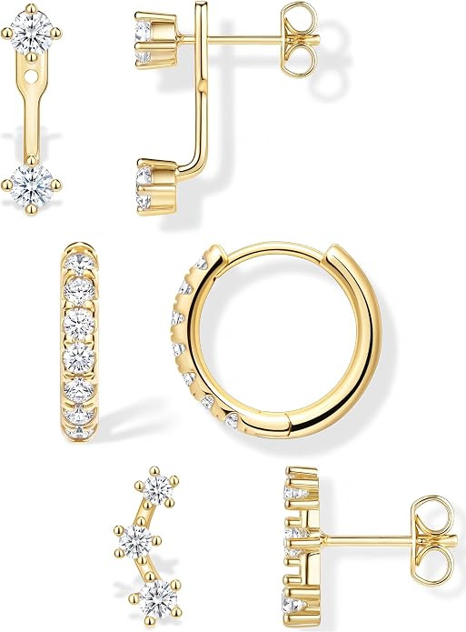 3 Pairs Dainty Small Earrings for Women Trendy, Birthstone Stud Huggie Hoop Jacket Stack for Cart... | Amazon (US)