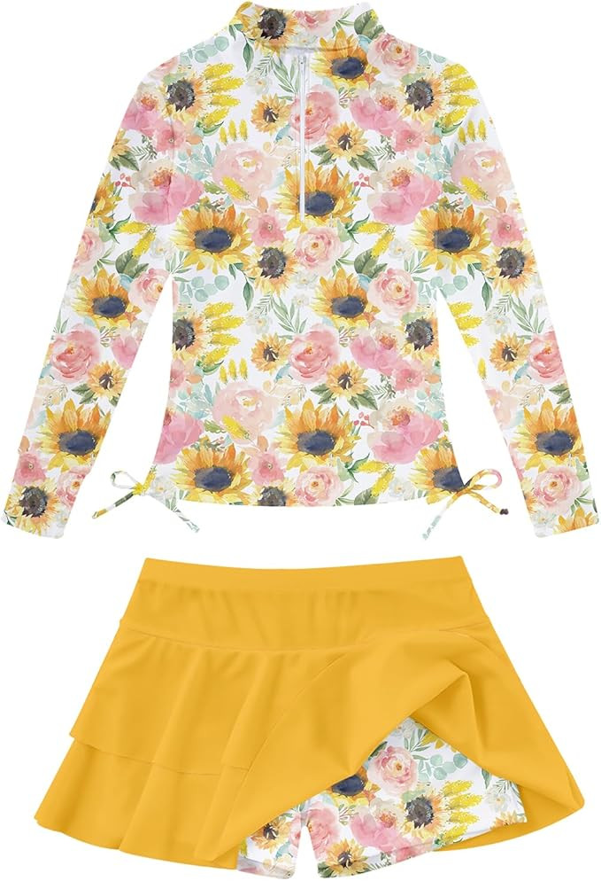 Vogseek 5-12T Girls Rash Guard 2 Pieces Bathing Suit Long Sleeve Swimsuit Swimming Skirt with Sho... | Amazon (US)