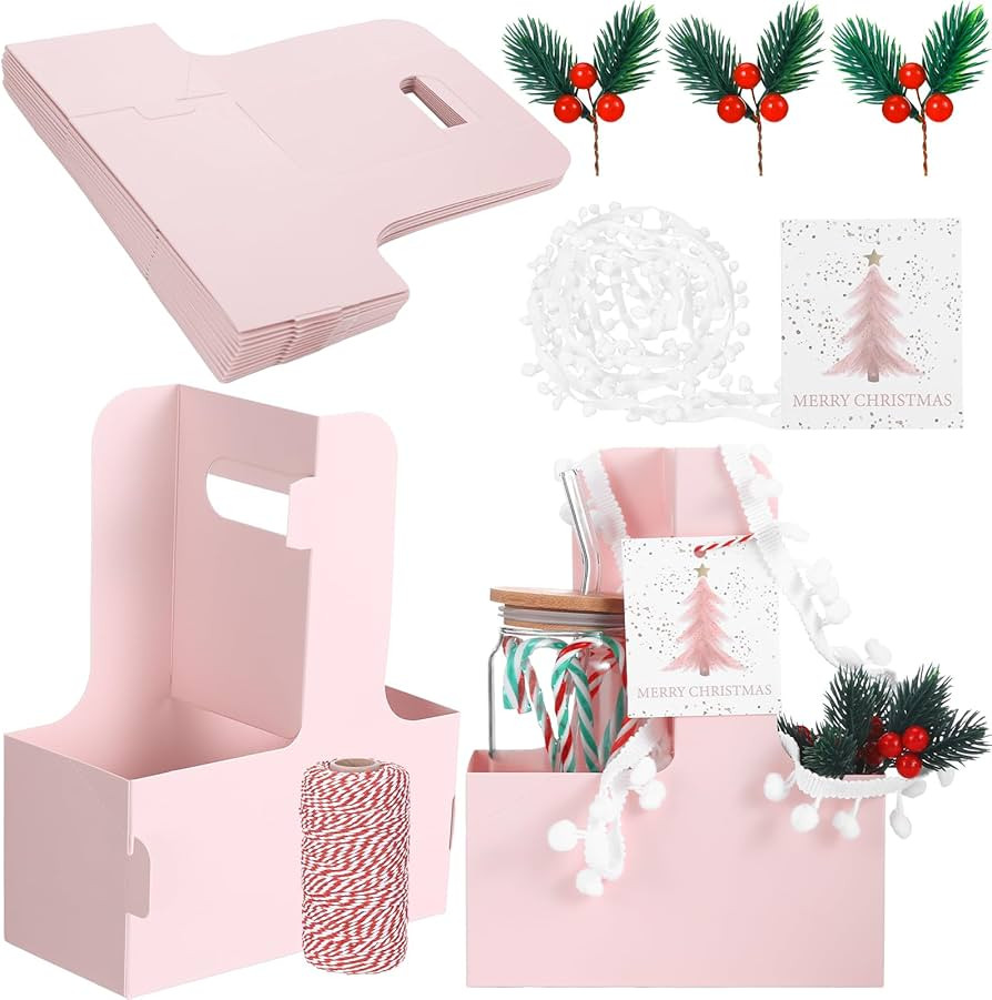 12 Set Christmas 2 Cup Drink Carrier with Handle Cardboard Coffee Cup Holder Kraft Flower Bags wi... | Amazon (US)