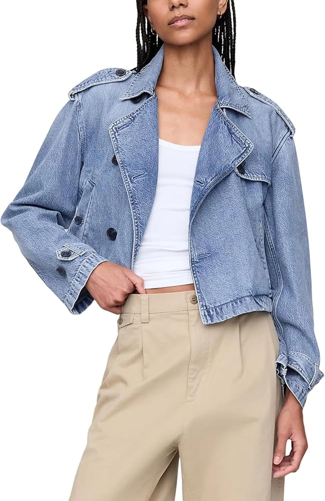 Majdan Women's Cropped Denim Trench Coat Notch Collar Jean Jacket Double Breasted Coats with Pock... | Amazon (US)