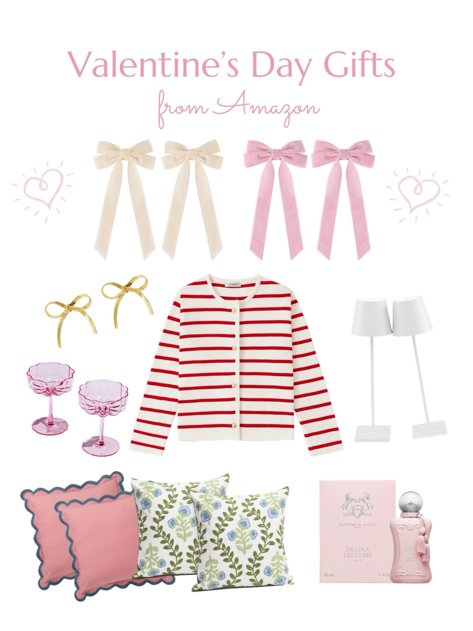 Valentine’s Day Gift Guide! 
Amazon Edition.

Cardigan, perfume, earrings, velvet bows, pillows/pillow covers, champagne coupe, rechargeable lamps.

#LTKGiftGuide #LTKSeasonal