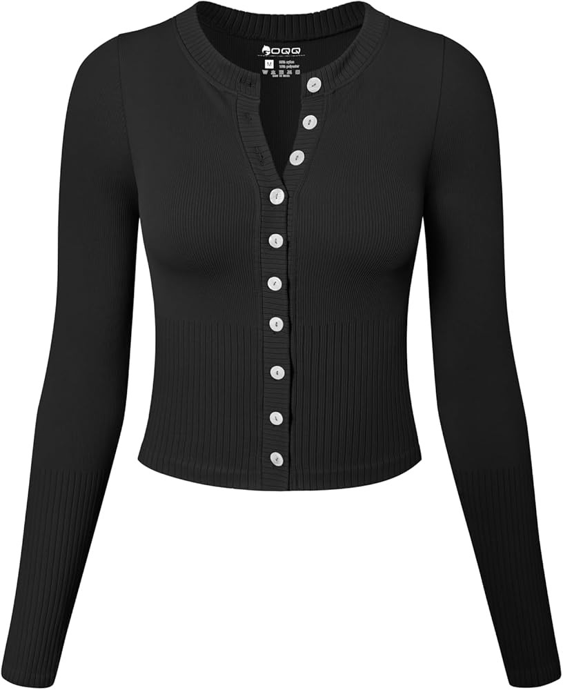 OQQ Womens Long Sleeve Shirts Crew Neck Button Knit Stretch Casual Basic Tops Fitted Tee Shirts | Amazon (US)