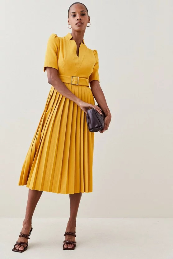 Structured Crepe Forever Pleat Belted Midi Dress | Karen Millen US