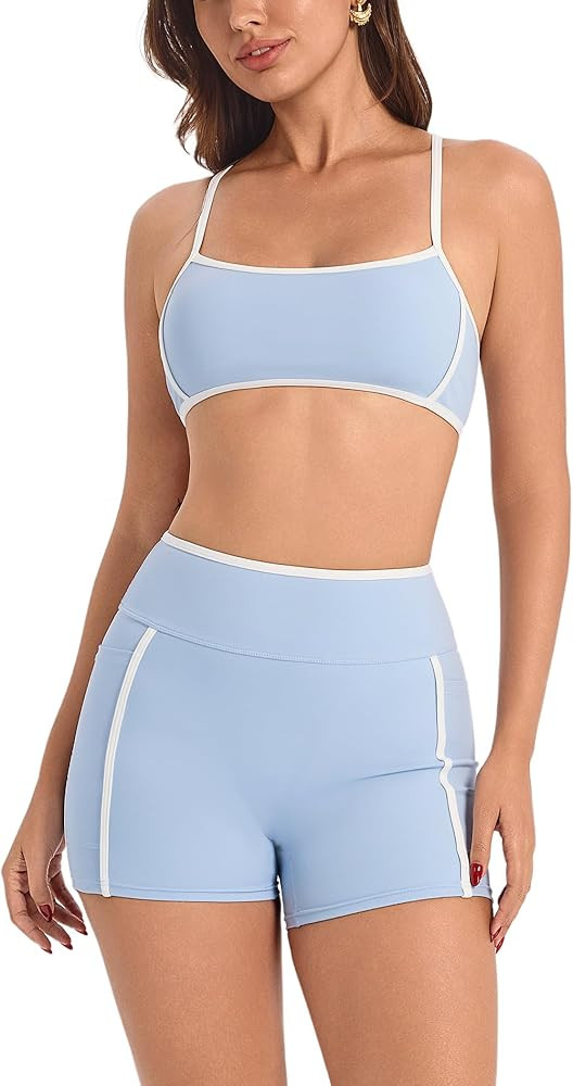 ABOCIW Workout Sets for Women 2 Piece Color Block Strappy Sports Bra High Waist Shorts Gym Yoga P... | Amazon (US)