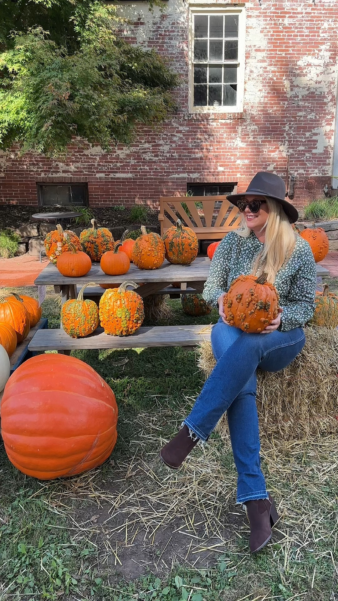 Green floral cotton top for fall with a brown tack fedora, brown suede heeled boots, and raw hem jeans.

#LTKOver40 #LTKVideo #LTKSaleAlert