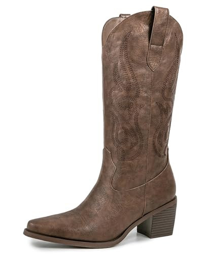 Pasuot Brown Cowboy Boots for Women - Mid Calf Cowgirl Western Boots with Embroidery, Pointed Toe Retro Chunky Heel Slip On Fashion Classic Short Boots Pull On for Ladies Summer Fall US 8.5 | Amazon (US)