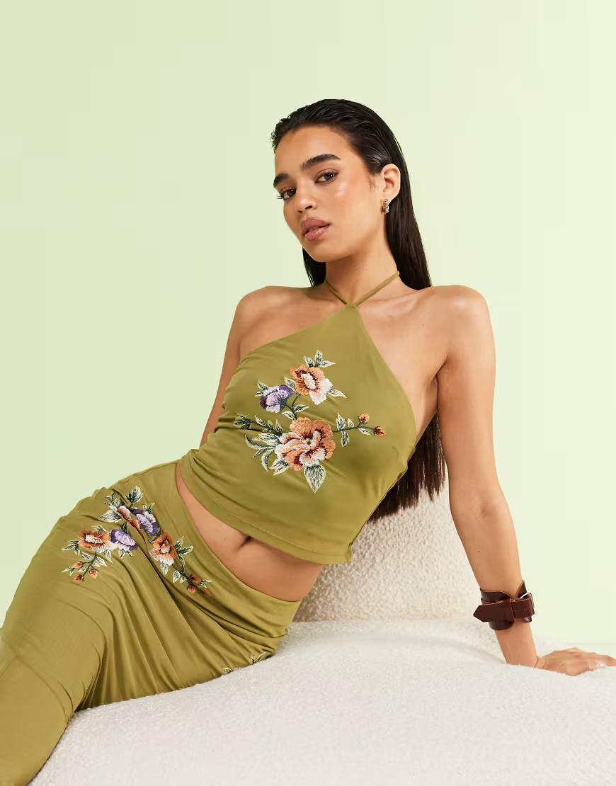 ASOS DESIGN embroidered halter neck top in green - part of a set | ASOS (Global)