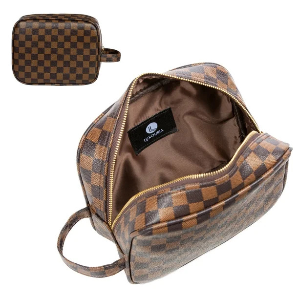 Luxouria Checkered Makeup Bag for Women - Luxury Travel Cosmetic Bags - Leather Toiletry Pouch | Walmart (US)