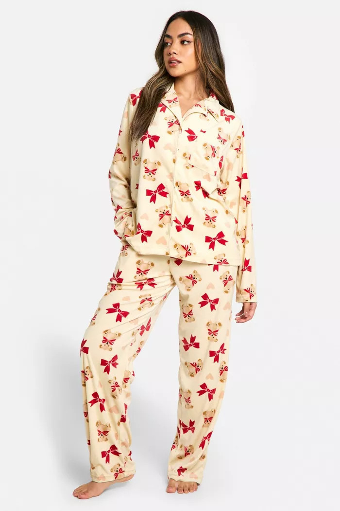 Bear And Bow Print Fleece Trouser Pyjama Set | Boohoo.com (UK & IE)