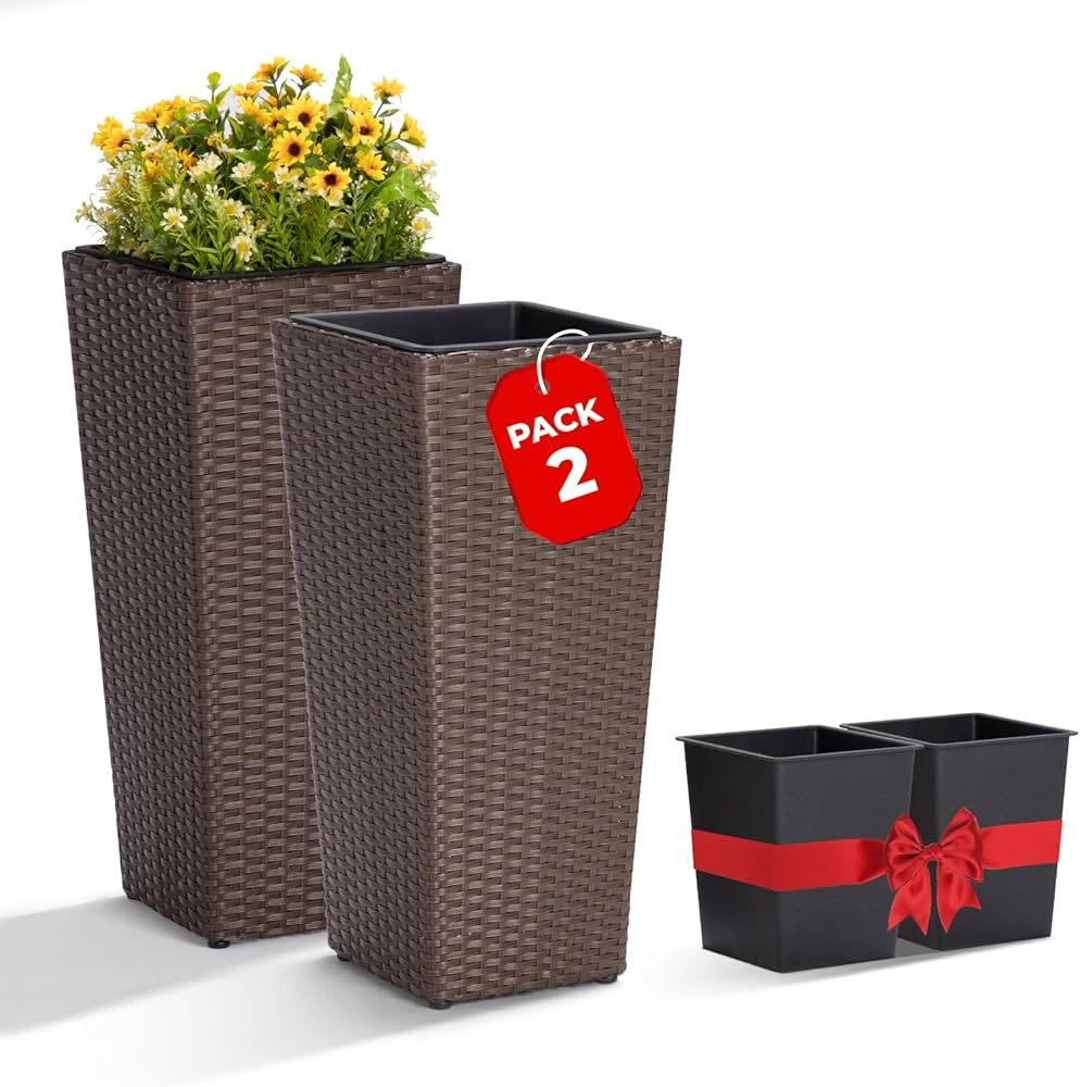 IDZO All Weather Wicker Planters for Outdoor Plants Set of 2, 24 inch Tall Planter for Front Porc... | Amazon (US)