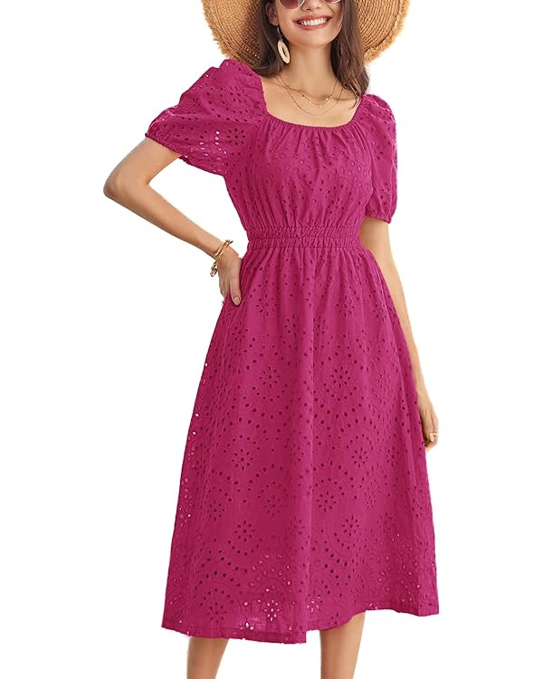 GRACE KARIN Women's Eyelet Dresses Summer Square Neck Short Puff Sleeve Casual A Line Boho Midi D... | Amazon (US)