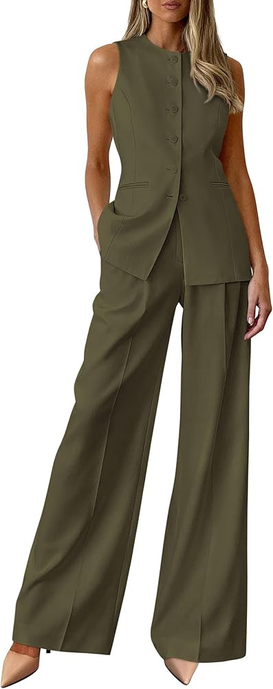 PRETTYGARDEN Women's 2 Piece Sets Summer 2026 Work Clothes Sleeveless Blazer Vest Pants Suits Spr... | Amazon (US)