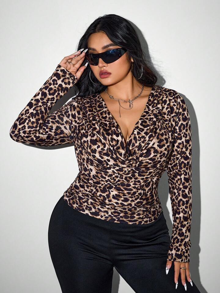 SHEIN ICON ICON Plus Size Women's Leopard Print Swing Collar Long Sleeve Knitted T-Shirt | SHEIN