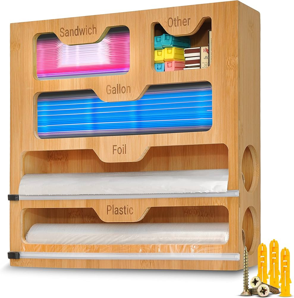 Plastic Wrap Dispenser with Cutter, 5 in 1 Bamboo Foil and Plastic Wrap Organizer for Kitchen Dra... | Amazon (US)
