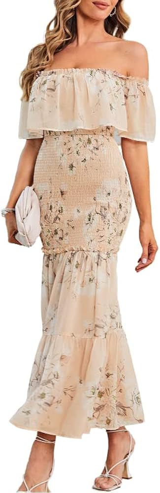 BerryGo Women's Elegant Maternity Off The Shoulder Ruffle Bodycon Maxi Dress Smocked Bridesmaid W... | Amazon (US)