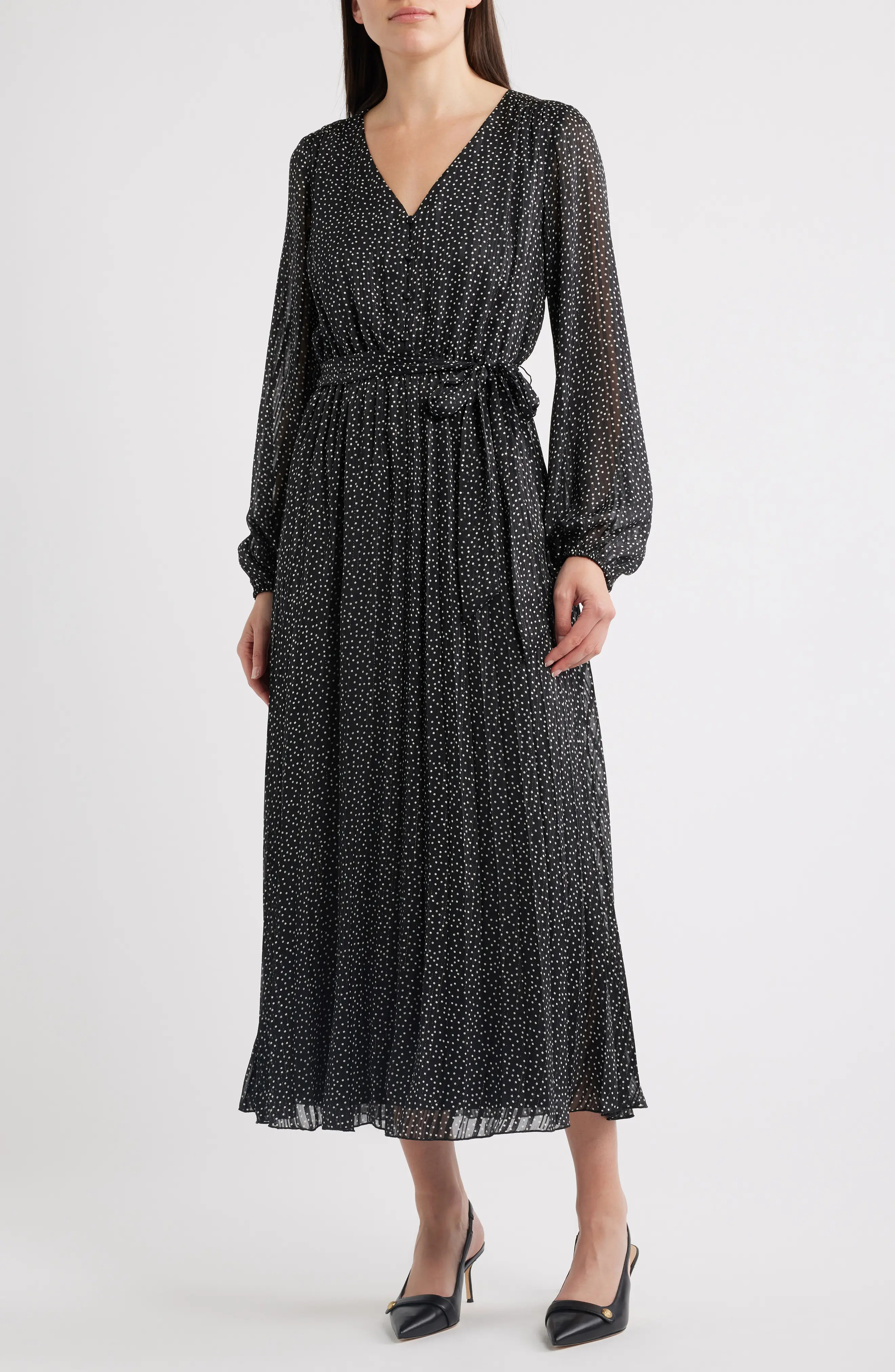Polka Dot Metallic Thread Long Sleeve Pleated Dress (Women) | Nordstrom | Nordstrom