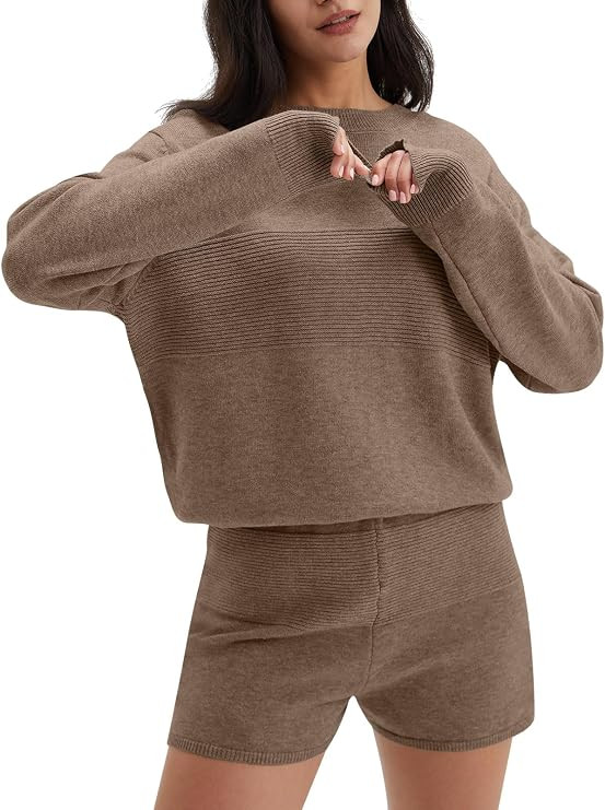 DEEP SELF Women's 2 Piece Outfits Sweater Sets Casual Long Sleeve Knit Pullover Tops and Shorts L... | Amazon (US)