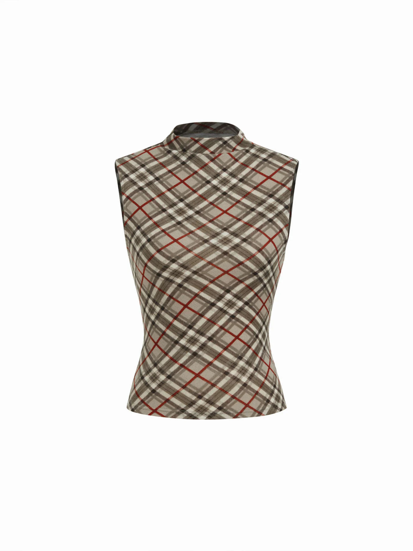 Knit Fabric High Stretch Plaid High Neck Tank Top For Daily Casual Date Work | Cider
