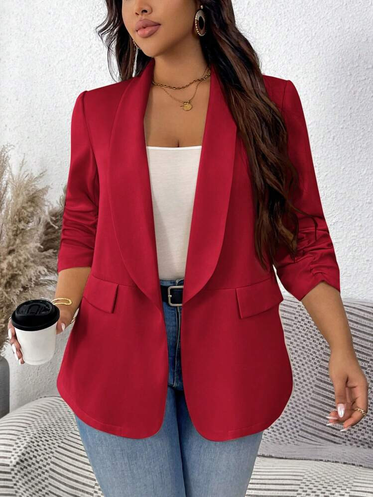 SHEIN LUNE Plus Size Women Solid Color Shawl Collar Casual Ruched Sleeve Blazer Women Red Blazer Red Blazer Women Blazer Red Suit Jacket In Fall/Winter | SHEIN