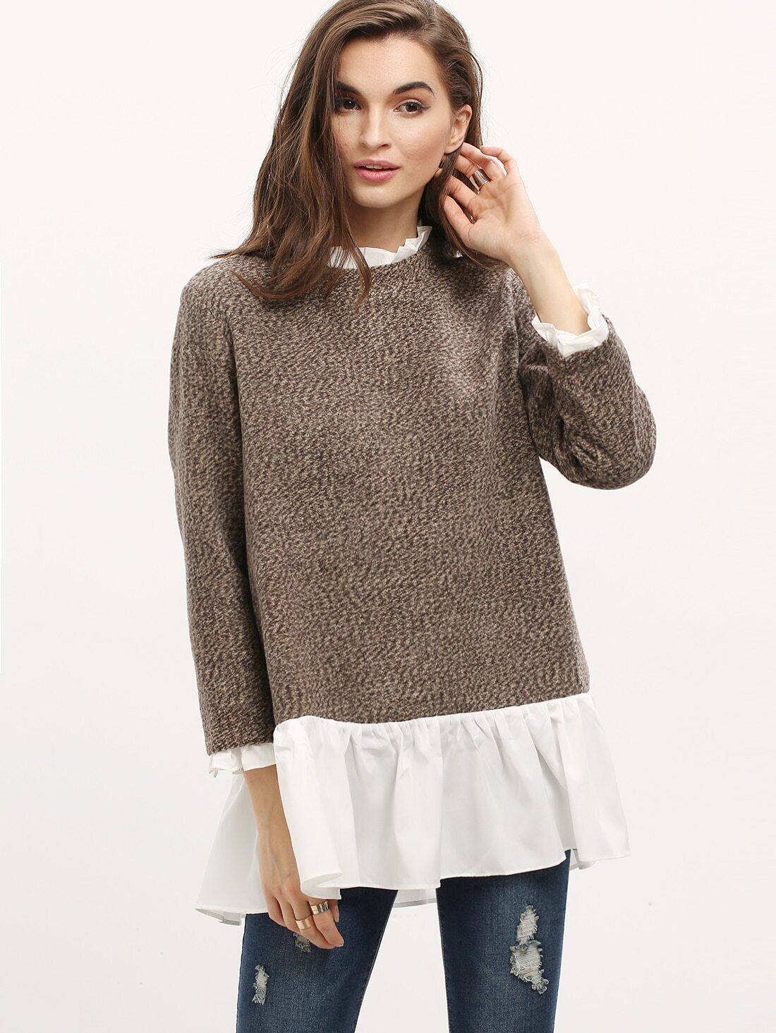 Brown White Long Sleeve Color Block Sweater | SHEIN