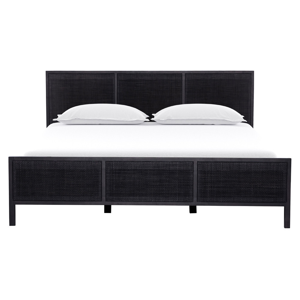 Rhian Coastal Beach Black Woven Cane Black Mango Wood Bed - King | Kathy Kuo Home