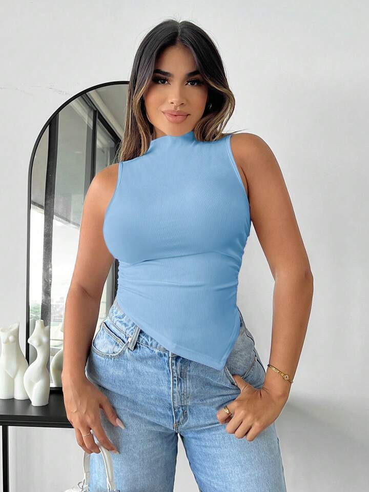 SHEIN SXY Summer Sexy Mock Neck Asymmetrical Hem Tank Top | SHEIN