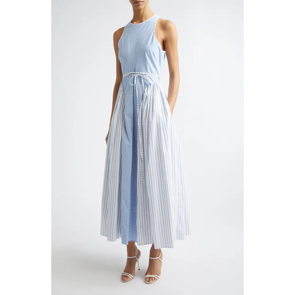 Cinq à Sept Emin Mixed Stripe Sleeveless Cotton Blend Maxi Dress in Cornflower/White at Nordstrom, Size 14 | Nordstrom