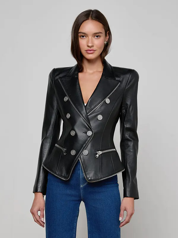 Ottilie Leather Blazer in Black/Nickel | L'AGENCE | L'Agence