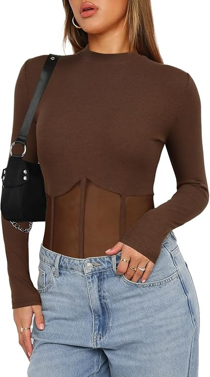 Darong Women Long Sleeve Bodysuit Crew Neck Mesh Sheer Panels Bodysuits Shirt Tops | Amazon (US)