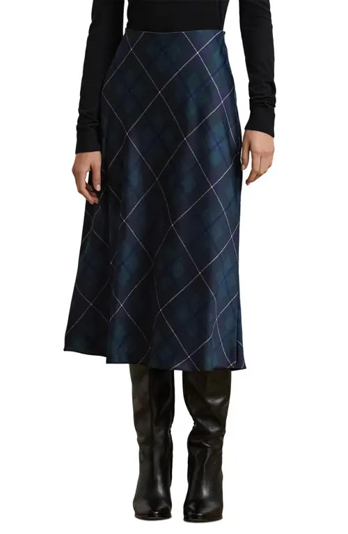 Lauren Ralph Lauren Plaid Satin Charmeuse Skirt in Blue/Black/Green at Nordstrom, Size 4 | Nordstrom
