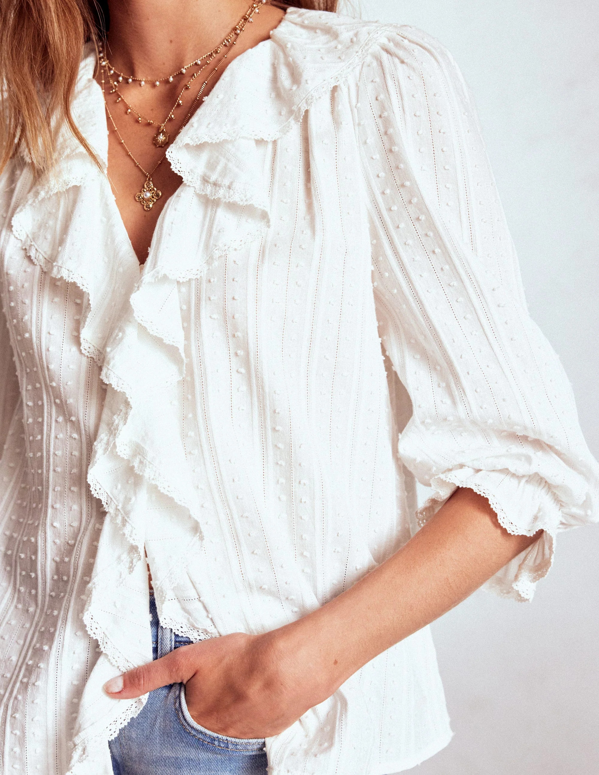 Ruffle V-Neck Blouse-White | Boden UK