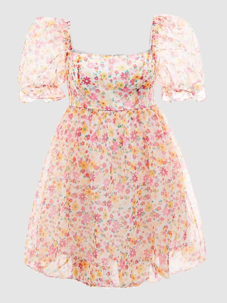 SHEIN Plus Allover Floral Print Square Neck Puff Sleeve Organza Dress | SHEIN