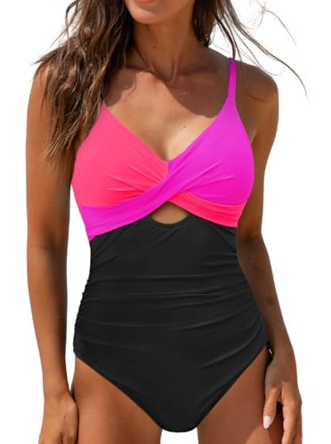 popvil One Piece Swimsuit Women Tummy Control Hight Waisted Bathing Suit V Neck Swimwear Neon Sexy Cut Out Tie Back Swim Suits,Neon Orange,Large | Amazon (US)