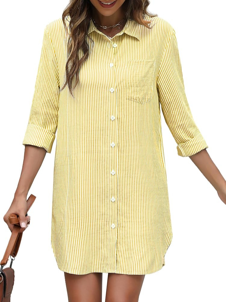Women's Button Down Shirt Dress with Pockets Striped Long Sleeve Tunic Shirt Dress Collared Blous... | Amazon (US)